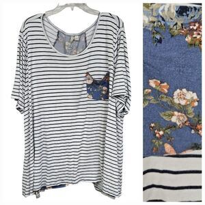 Cato 26/28 Plus Size White Striped Blue Floral Blouse Casual Knit Tee Summer Top